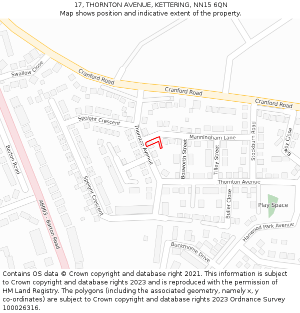 17, THORNTON AVENUE, KETTERING, NN15 6QN: Location map and indicative extent of plot