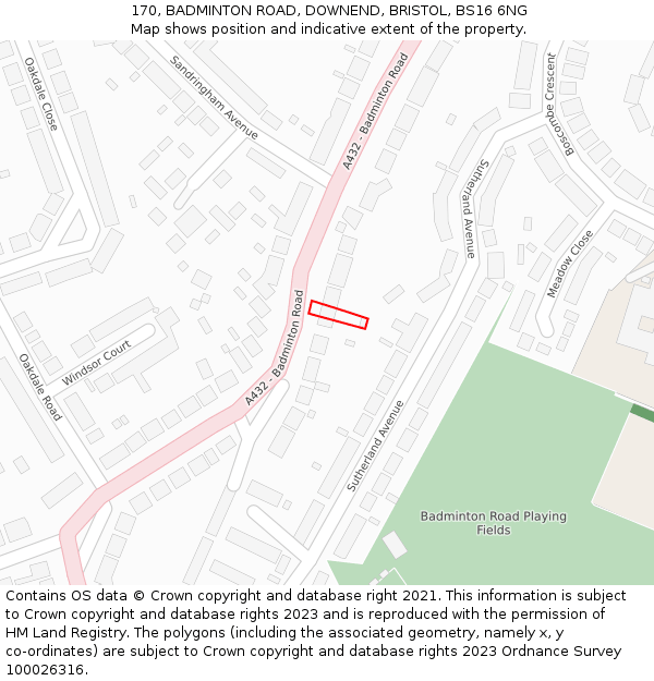 170, BADMINTON ROAD, DOWNEND, BRISTOL, BS16 6NG: Location map and indicative extent of plot