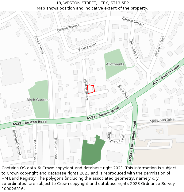 18, WESTON STREET, LEEK, ST13 6EP: Location map and indicative extent of plot