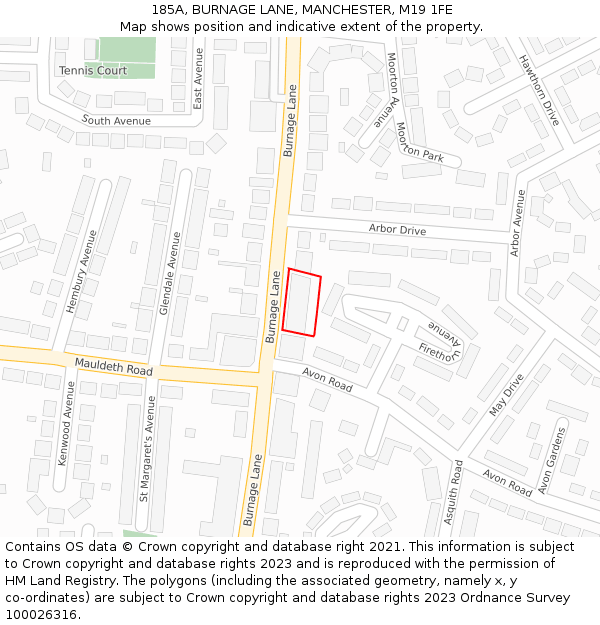 185A, BURNAGE LANE, MANCHESTER, M19 1FE: Location map and indicative extent of plot