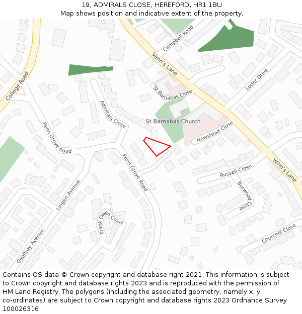 19, ADMIRALS CLOSE, HEREFORD, HR1 1BU: Location map and indicative extent of plot