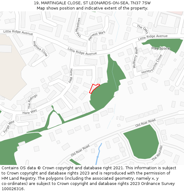 19, MARTINGALE CLOSE, ST LEONARDS-ON-SEA, TN37 7SW: Location map and indicative extent of plot