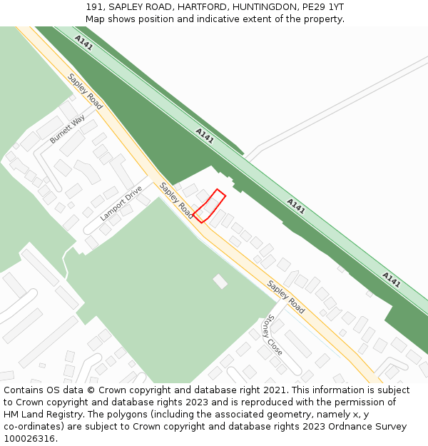 191, SAPLEY ROAD, HARTFORD, HUNTINGDON, PE29 1YT: Location map and indicative extent of plot