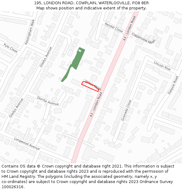 195, LONDON ROAD, COWPLAIN, WATERLOOVILLE, PO8 8ER: Location map and indicative extent of plot