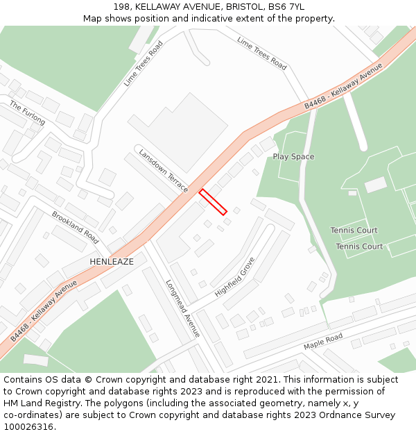 198, KELLAWAY AVENUE, BRISTOL, BS6 7YL: Location map and indicative extent of plot