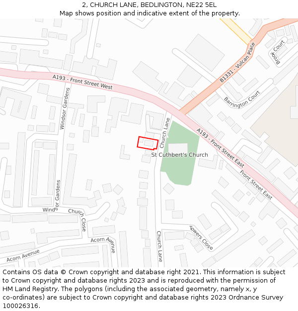 2, CHURCH LANE, BEDLINGTON, NE22 5EL: Location map and indicative extent of plot