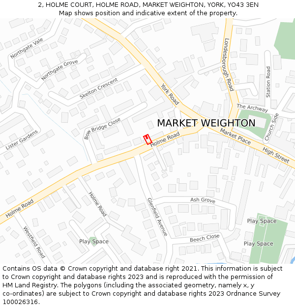 2, HOLME COURT, HOLME ROAD, MARKET WEIGHTON, YORK, YO43 3EN: Location map and indicative extent of plot