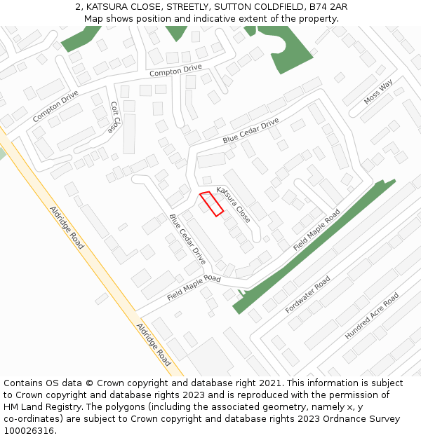 2, KATSURA CLOSE, STREETLY, SUTTON COLDFIELD, B74 2AR: Location map and indicative extent of plot