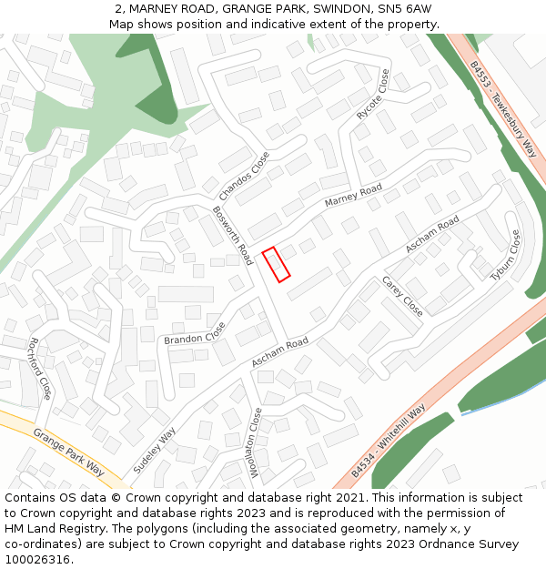 2, MARNEY ROAD, GRANGE PARK, SWINDON, SN5 6AW: Location map and indicative extent of plot