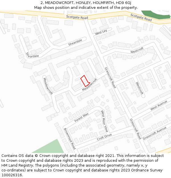 2, MEADOWCROFT, HONLEY, HOLMFIRTH, HD9 6GJ: Location map and indicative extent of plot
