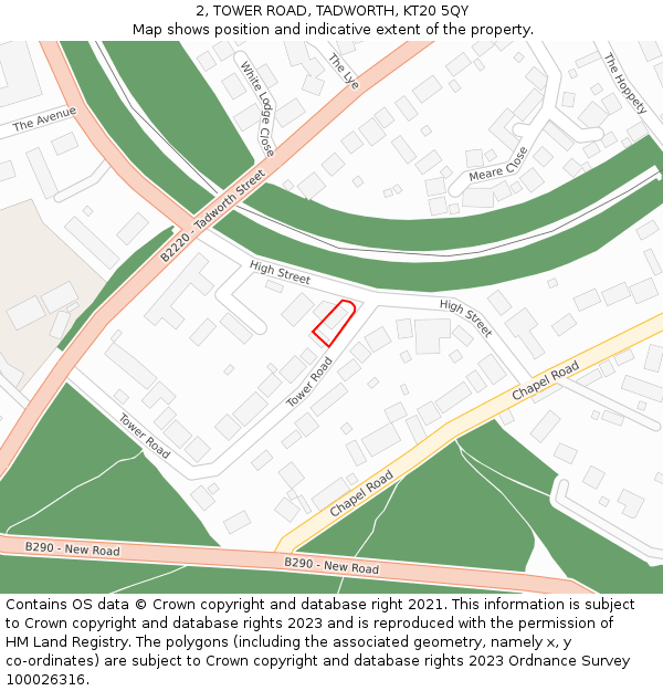 2, TOWER ROAD, TADWORTH, KT20 5QY: Location map and indicative extent of plot
