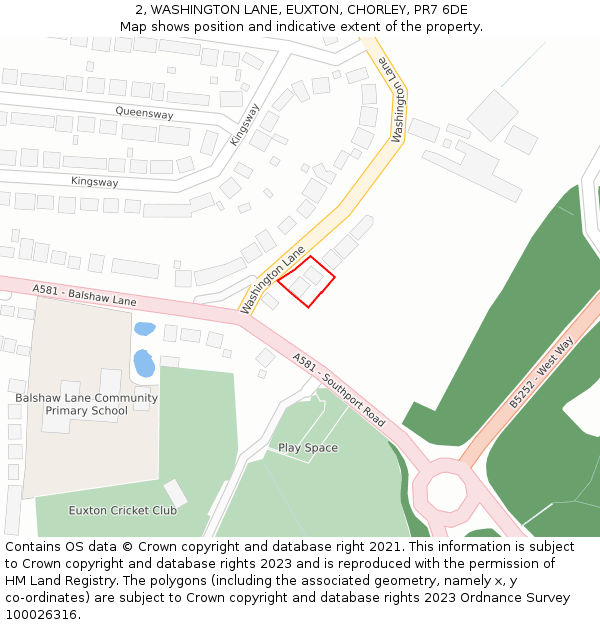 2, WASHINGTON LANE, EUXTON, CHORLEY, PR7 6DE: Location map and indicative extent of plot