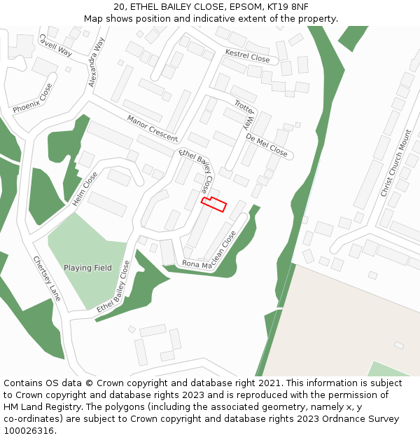 20, ETHEL BAILEY CLOSE, EPSOM, KT19 8NF: Location map and indicative extent of plot