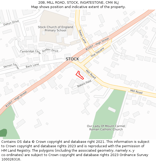20B, MILL ROAD, STOCK, INGATESTONE, CM4 9LJ: Location map and indicative extent of plot