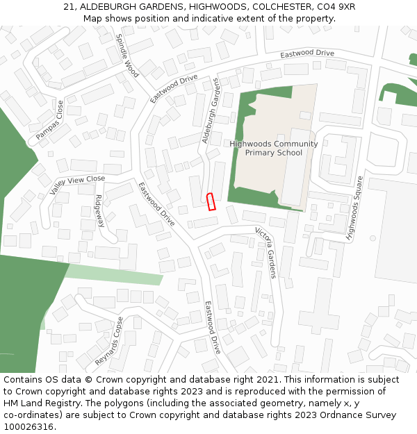 21, ALDEBURGH GARDENS, HIGHWOODS, COLCHESTER, CO4 9XR: Location map and indicative extent of plot