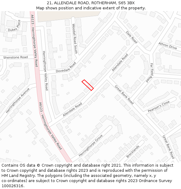21, ALLENDALE ROAD, ROTHERHAM, S65 3BX: Location map and indicative extent of plot