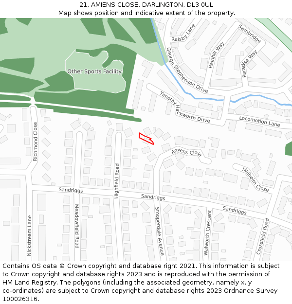 21, AMIENS CLOSE, DARLINGTON, DL3 0UL: Location map and indicative extent of plot