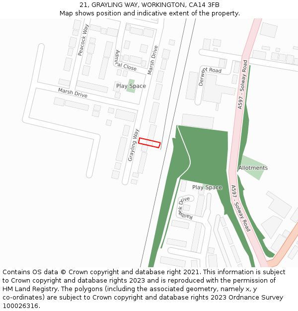 21, GRAYLING WAY, WORKINGTON, CA14 3FB: Location map and indicative extent of plot