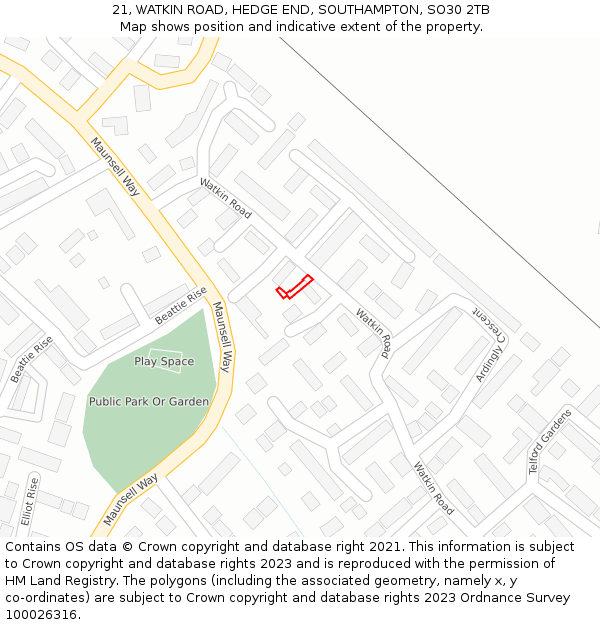 21, WATKIN ROAD, HEDGE END, SOUTHAMPTON, SO30 2TB: Location map and indicative extent of plot