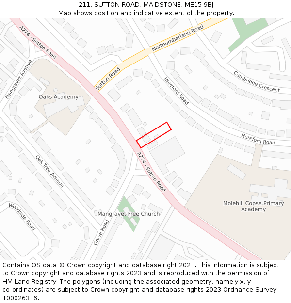 211, SUTTON ROAD, MAIDSTONE, ME15 9BJ: Location map and indicative extent of plot