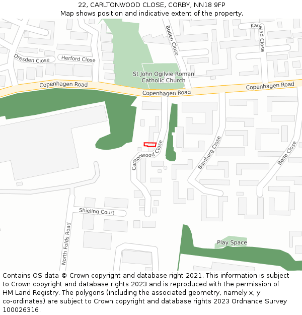 22, CARLTONWOOD CLOSE, CORBY, NN18 9FP: Location map and indicative extent of plot