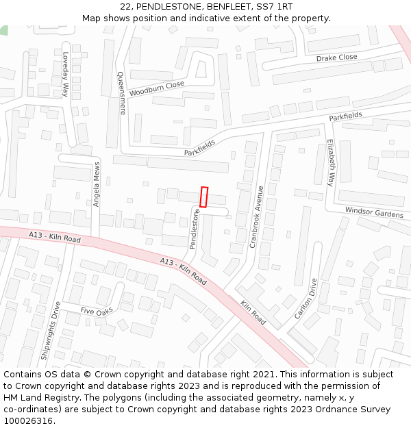 22, PENDLESTONE, BENFLEET, SS7 1RT: Location map and indicative extent of plot