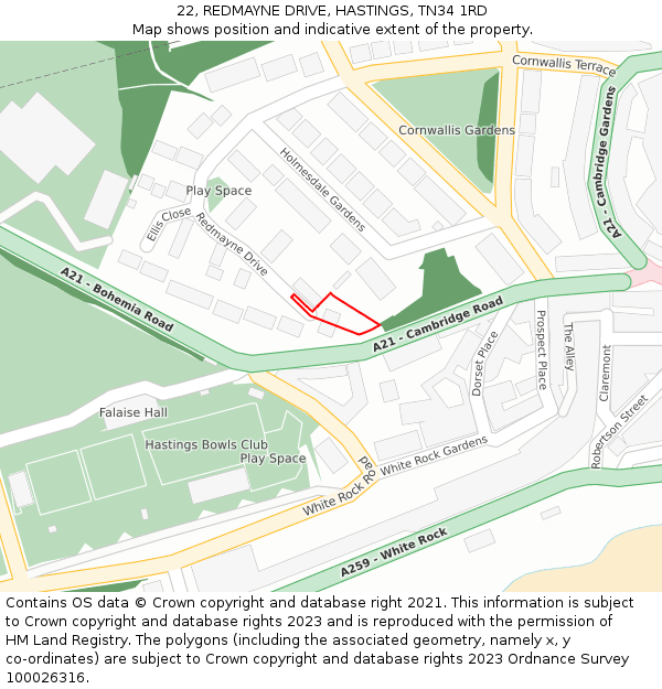 22, REDMAYNE DRIVE, HASTINGS, TN34 1RD: Location map and indicative extent of plot
