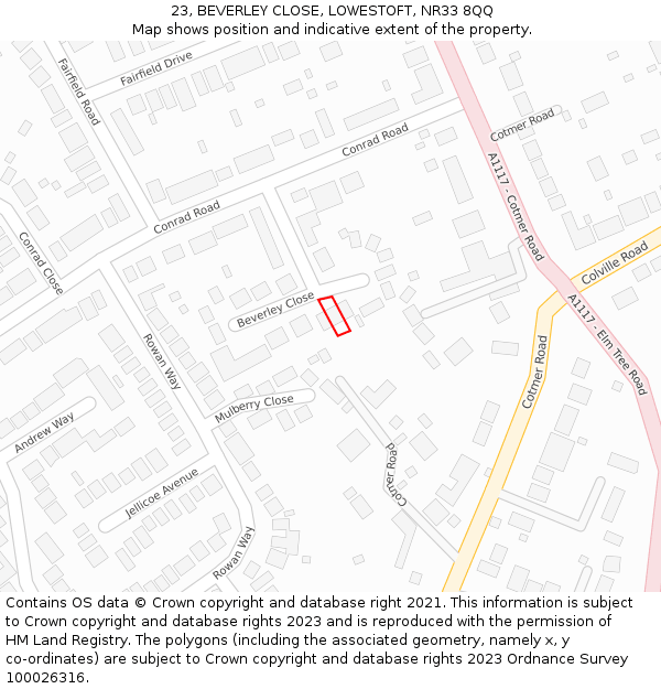23, BEVERLEY CLOSE, LOWESTOFT, NR33 8QQ: Location map and indicative extent of plot