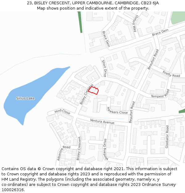 23, BISLEY CRESCENT, UPPER CAMBOURNE, CAMBRIDGE, CB23 6JA: Location map and indicative extent of plot