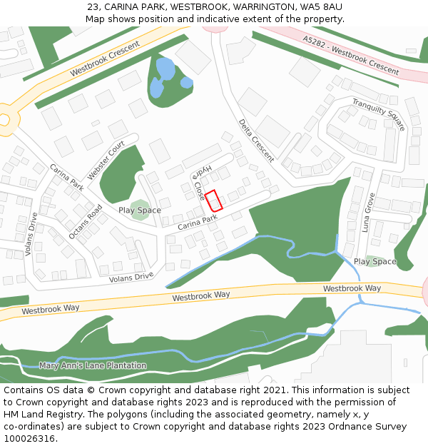 23, CARINA PARK, WESTBROOK, WARRINGTON, WA5 8AU: Location map and indicative extent of plot