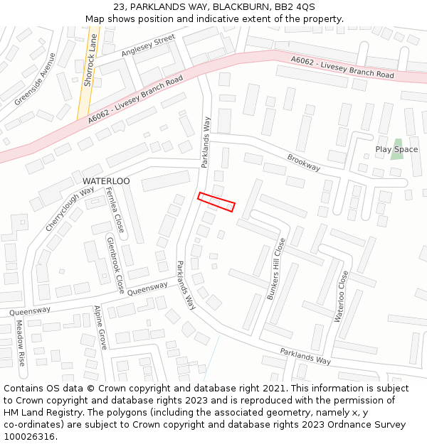 23, PARKLANDS WAY, BLACKBURN, BB2 4QS: Location map and indicative extent of plot