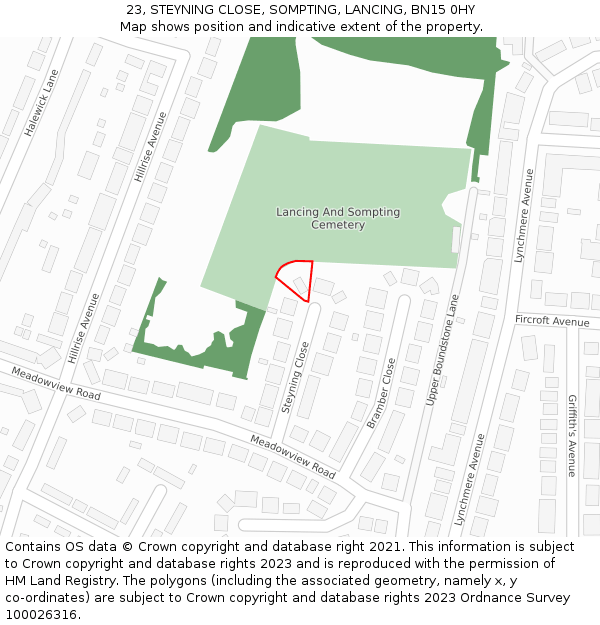 23, STEYNING CLOSE, SOMPTING, LANCING, BN15 0HY: Location map and indicative extent of plot