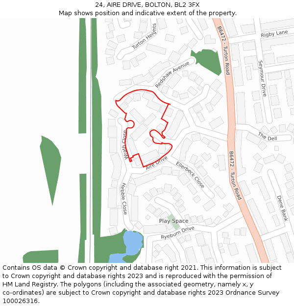 24, AIRE DRIVE, BOLTON, BL2 3FX: Location map and indicative extent of plot