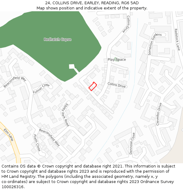 24, COLLINS DRIVE, EARLEY, READING, RG6 5AD: Location map and indicative extent of plot
