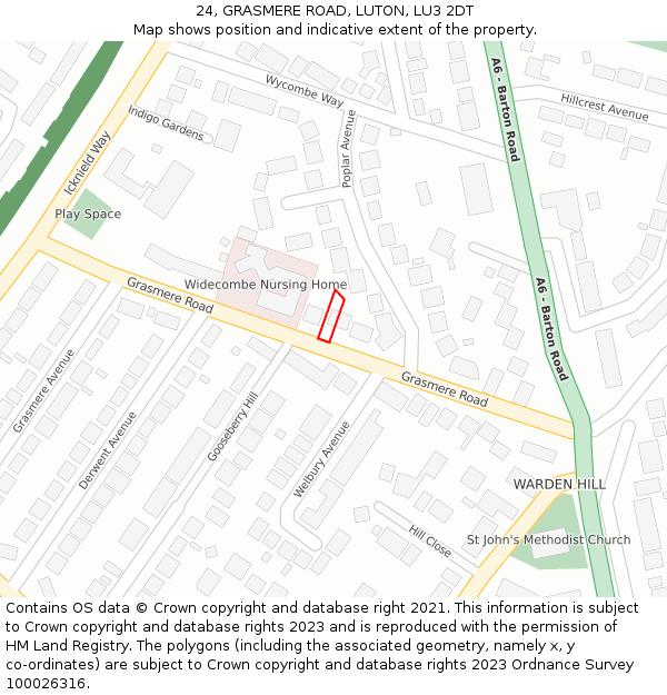 24, GRASMERE ROAD, LUTON, LU3 2DT: Location map and indicative extent of plot
