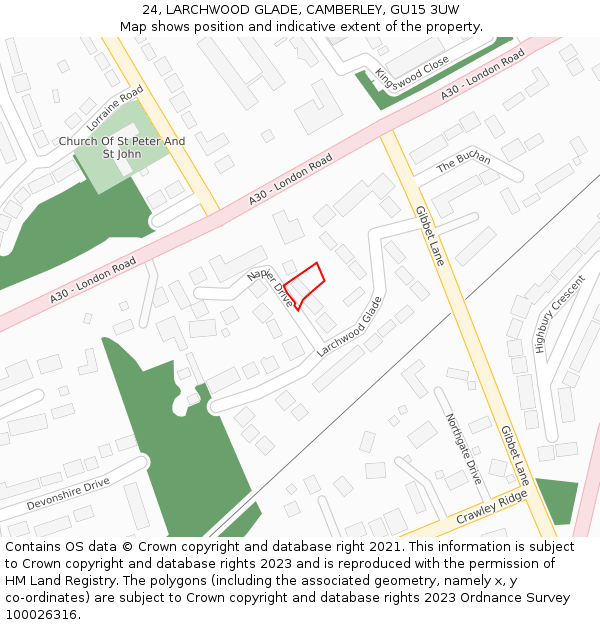24, LARCHWOOD GLADE, CAMBERLEY, GU15 3UW: Location map and indicative extent of plot