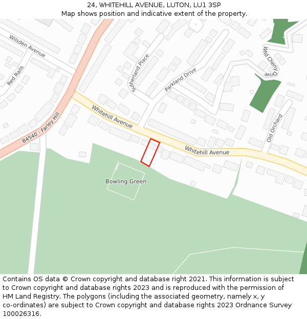 24, WHITEHILL AVENUE, LUTON, LU1 3SP: Location map and indicative extent of plot