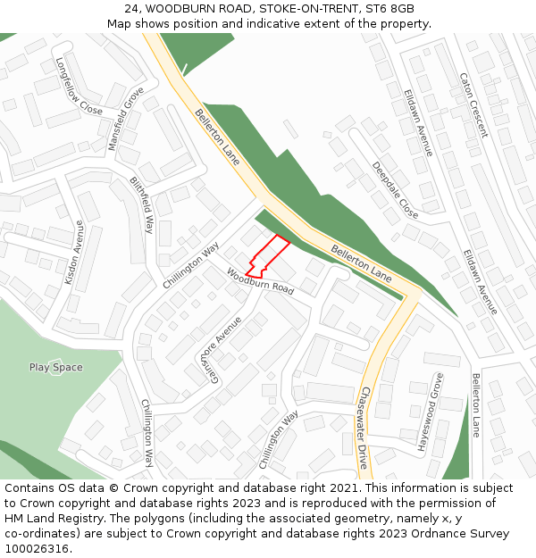 24, WOODBURN ROAD, STOKE-ON-TRENT, ST6 8GB: Location map and indicative extent of plot