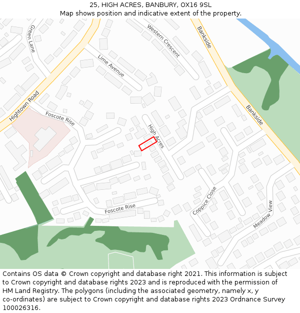 25, HIGH ACRES, BANBURY, OX16 9SL: Location map and indicative extent of plot