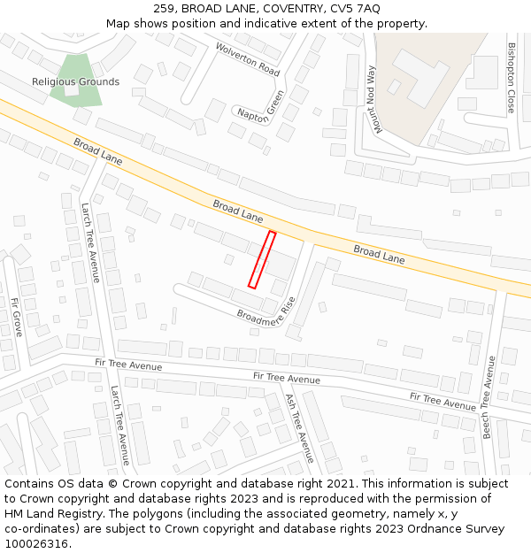 259, BROAD LANE, COVENTRY, CV5 7AQ: Location map and indicative extent of plot