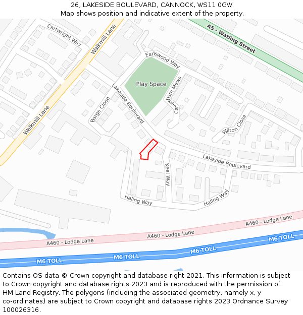 26, LAKESIDE BOULEVARD, CANNOCK, WS11 0GW: Location map and indicative extent of plot