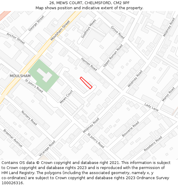 26, MEWS COURT, CHELMSFORD, CM2 9PF: Location map and indicative extent of plot