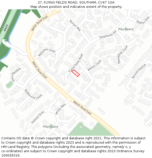 27, FLYING FIELDS ROAD, SOUTHAM, CV47 1GA: Location map and indicative extent of plot