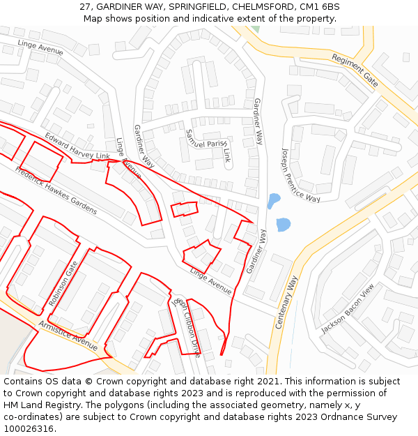 27, GARDINER WAY, SPRINGFIELD, CHELMSFORD, CM1 6BS: Location map and indicative extent of plot