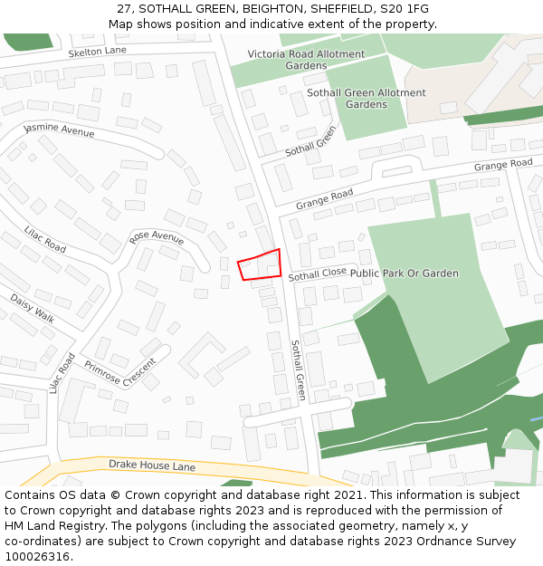 27, SOTHALL GREEN, BEIGHTON, SHEFFIELD, S20 1FG: Location map and indicative extent of plot