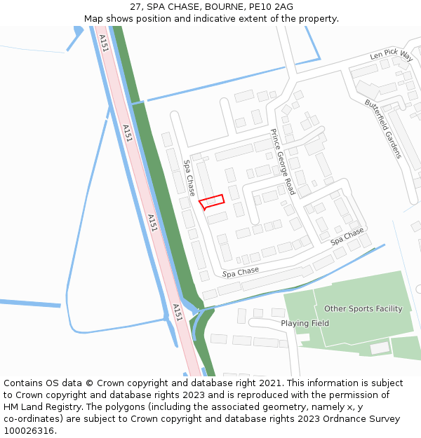 27, SPA CHASE, BOURNE, PE10 2AG: Location map and indicative extent of plot