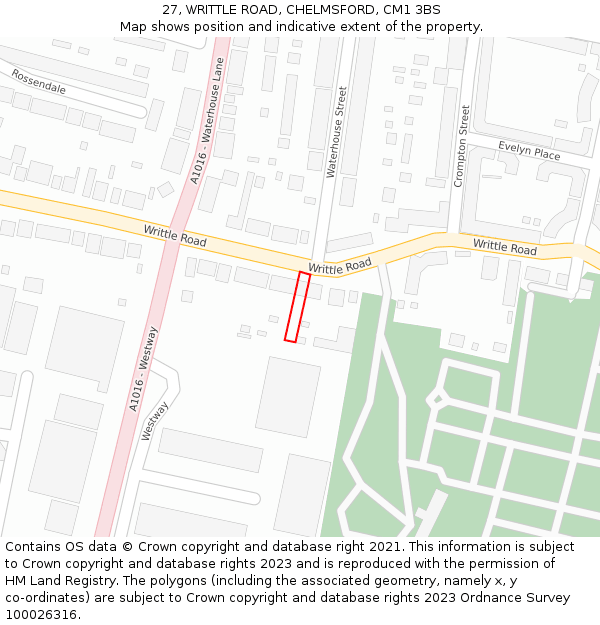 27, WRITTLE ROAD, CHELMSFORD, CM1 3BS: Location map and indicative extent of plot