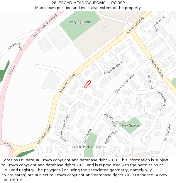 28, BROAD MEADOW, IPSWICH, IP8 3SP: Location map and indicative extent of plot