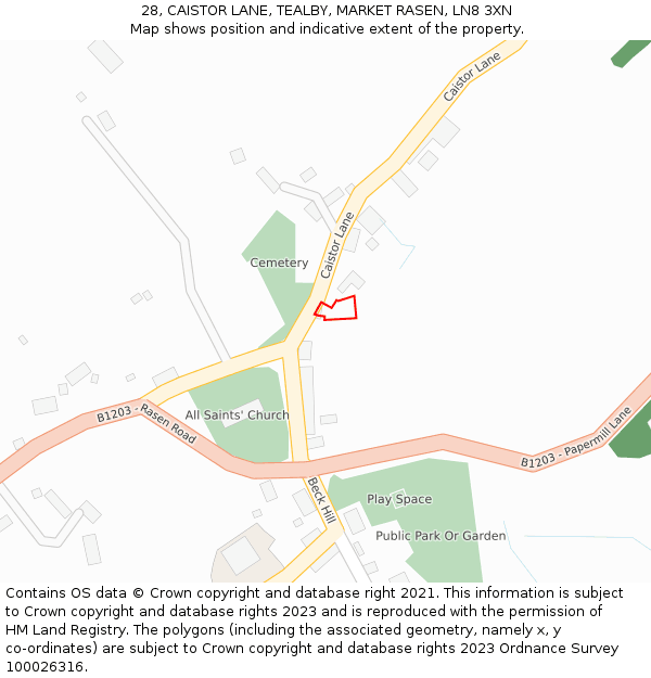 28, CAISTOR LANE, TEALBY, MARKET RASEN, LN8 3XN: Location map and indicative extent of plot