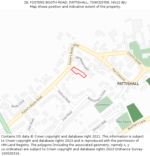 28, FOSTERS BOOTH ROAD, PATTISHALL, TOWCESTER, NN12 8JU: Location map and indicative extent of plot